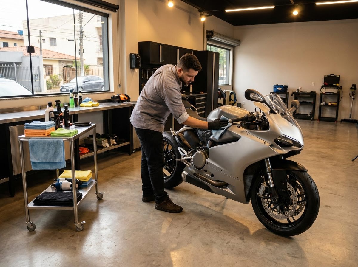Motocicleta esportiva sendo polida à mão por um profissional, com panos de microfibra e produtos organizados ao lado.