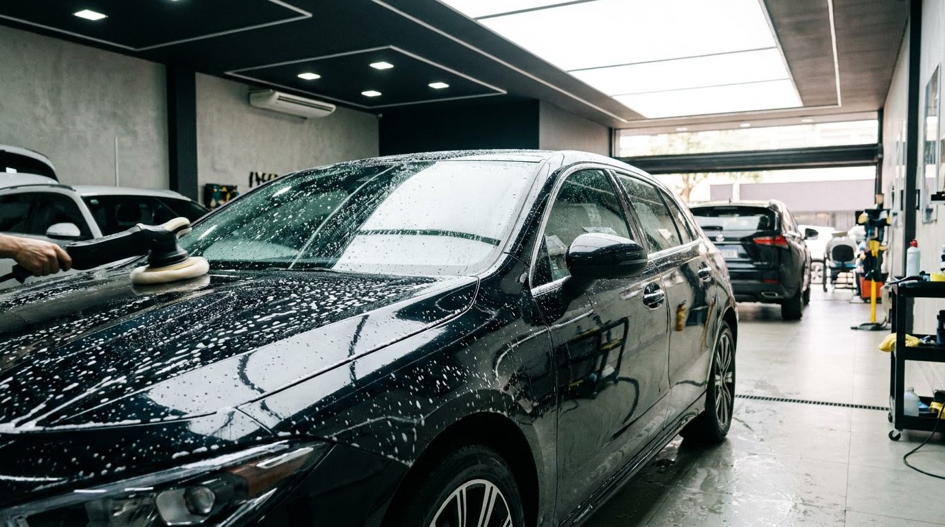 Carro de passeio escuro recebendo polimento manual em um box bem iluminado, com gotas de água e espuma brilhando sobre a lataria.