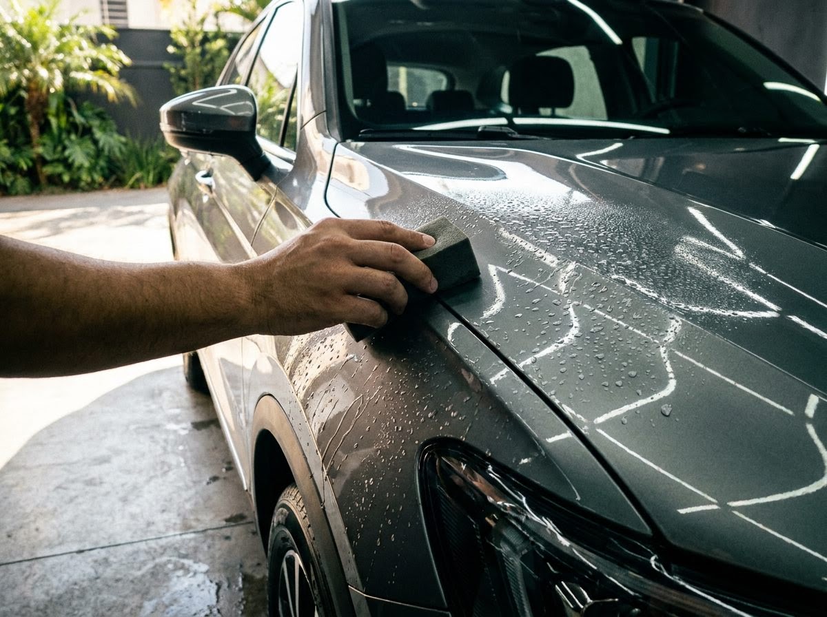 Close de uma mão aplicando produto protetor líquido sobre a lataria de um carro, com gotas formando padrões sobre a pintura vitrificada.