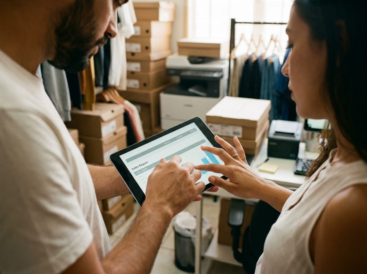 Consultor mostrando um relatório na tela de um tablet para a dona de uma loja de roupas, numa sala pequena nos fundos do comércio.
