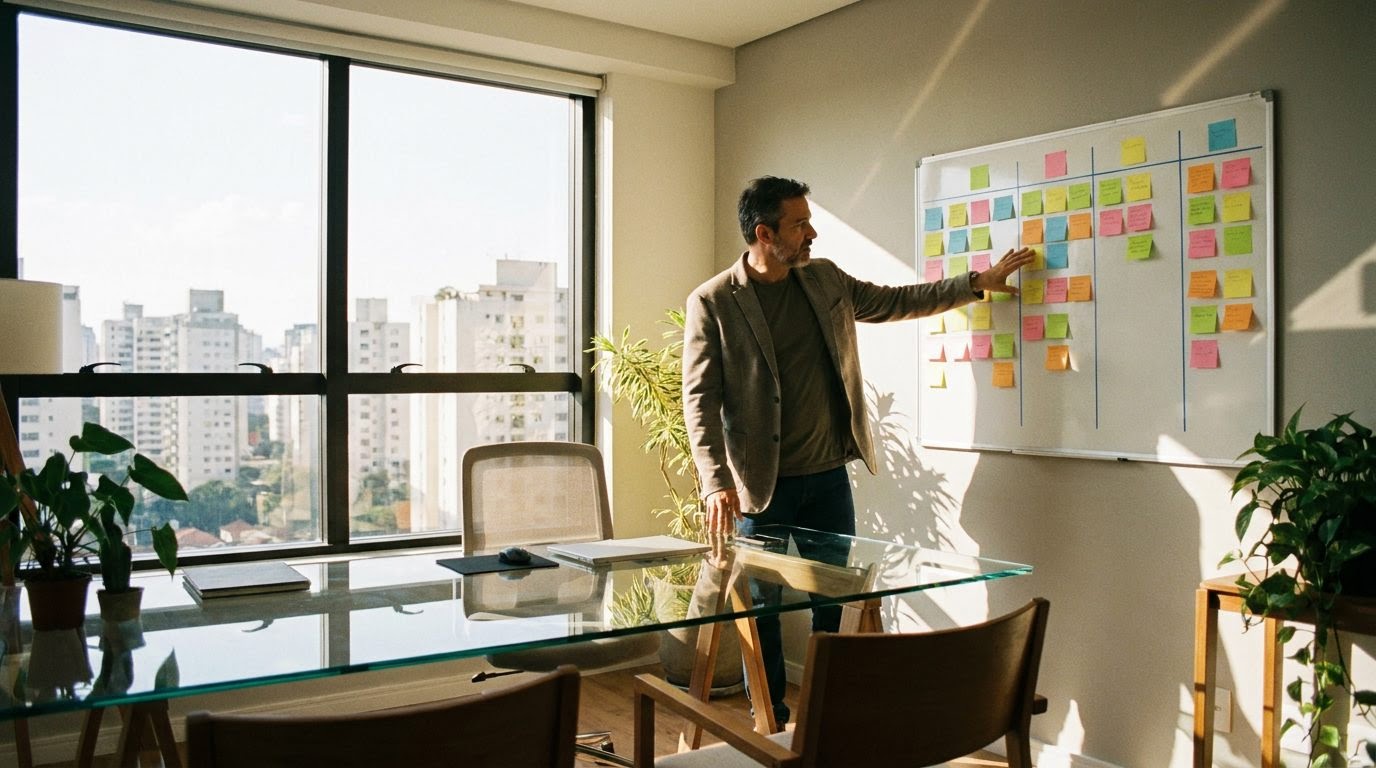 Consultor em pé junto a uma mesa de vidro, diante de um quadro branco coberto de post-its coloridos organizados em colunas, num escritório pequeno com luz natural.
