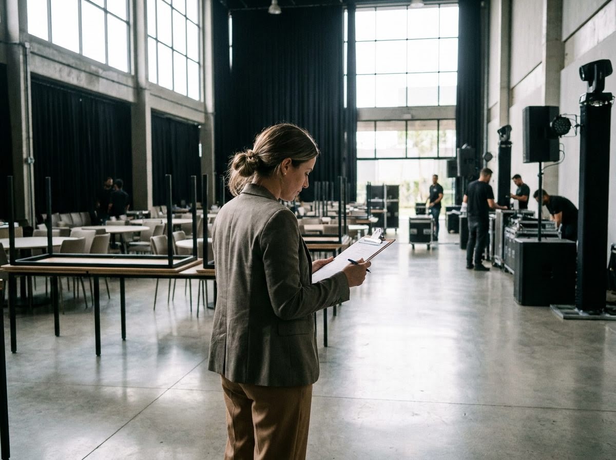 Consultora conferindo uma prancheta com lista de tarefas num salão de eventos vazio em montagem, com mesas e cadeiras empilhadas ao fundo.