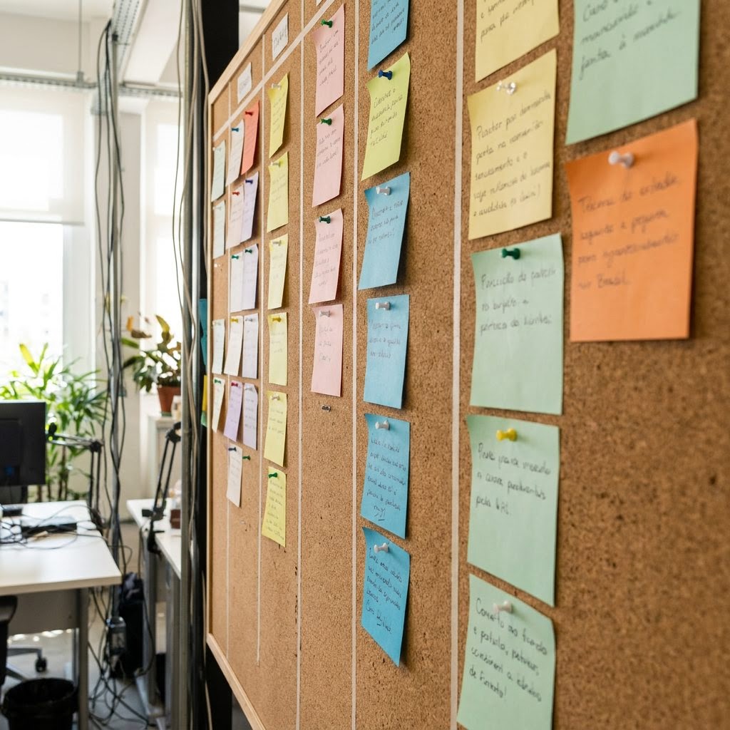 Quadro kanban de cortiça com cartões coloridos organizados em colunas de tarefas e anotações manuscritas, iluminado por luz natural lateral.