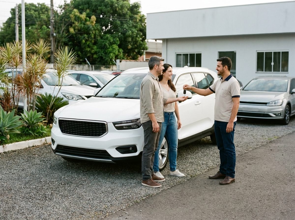 Vendedor entregando as chaves de um carro seminovo a um casal no pátio da revenda, sob luz natural da manhã.