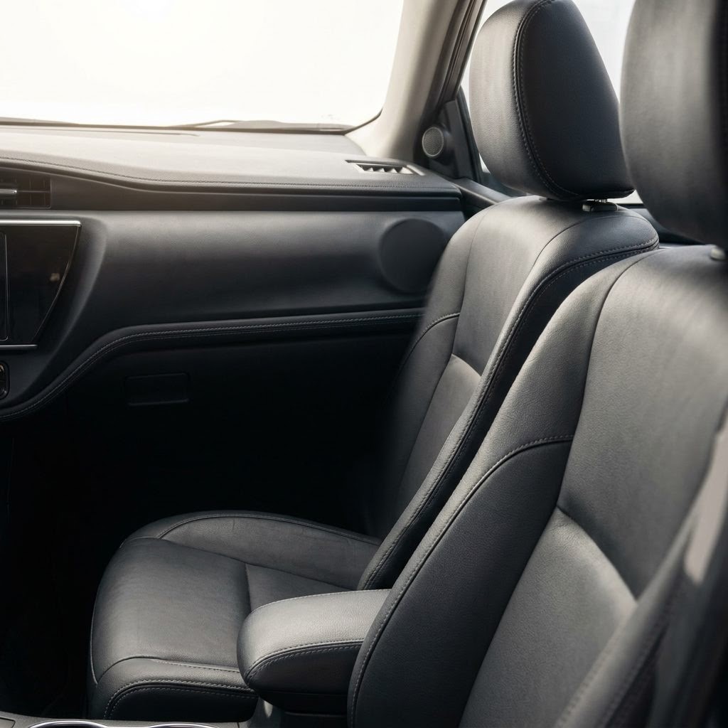 Detalhe do painel e dos bancos de couro de um carro seminovo recém-limpo, com luz suave entrando pelo para-brisa.