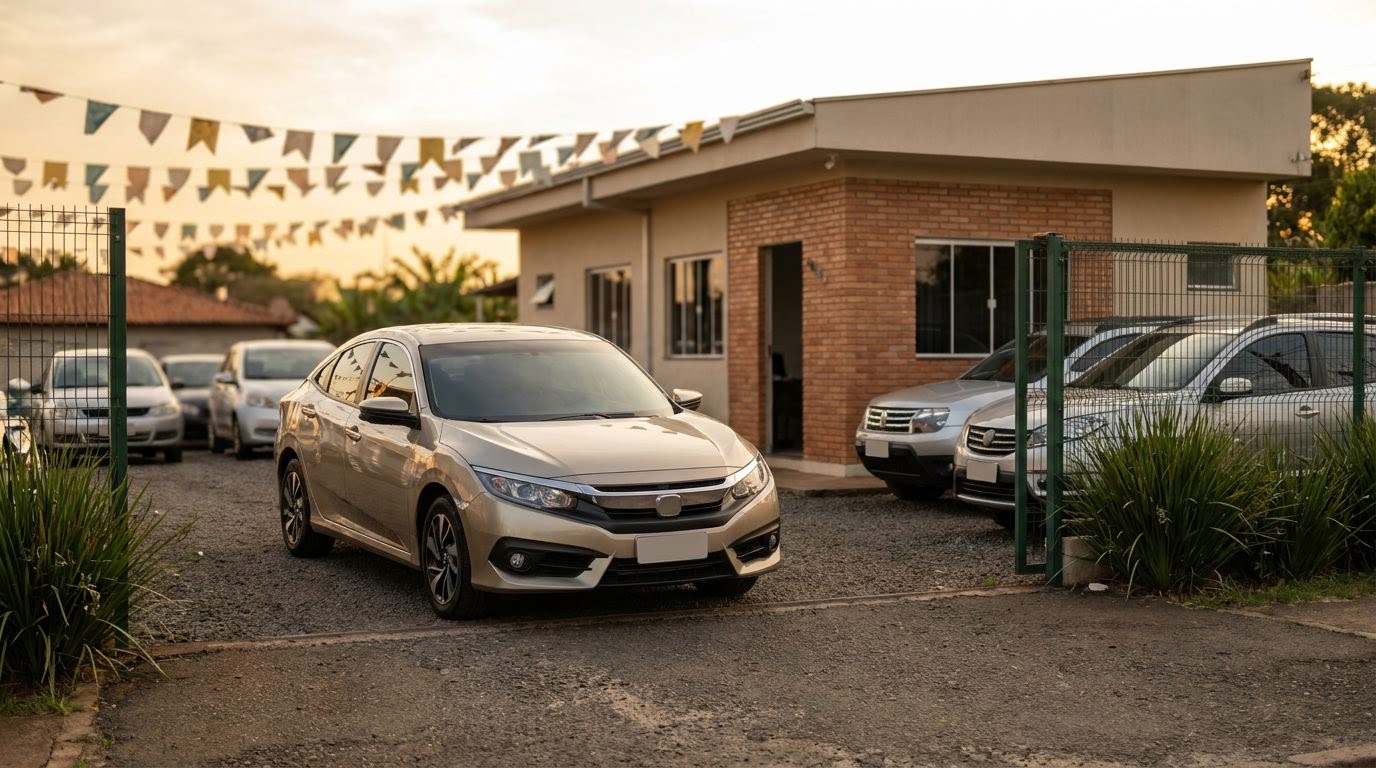 Pátio de uma pequena revenda de veículos ao entardecer, com um carro seminovo polido em destaque na entrada e bandeirolas desfocadas ao fundo.