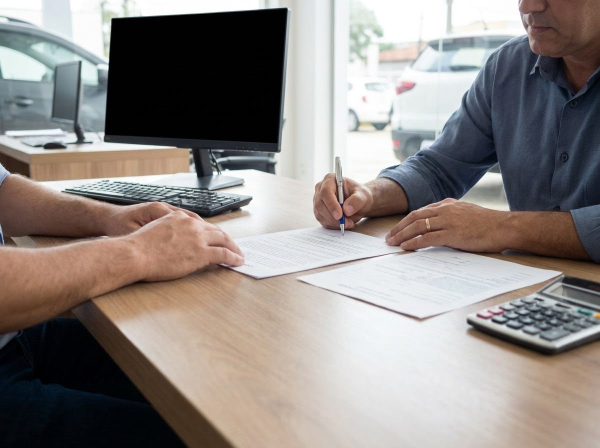 Cliente sentado a uma mesa dentro do escritório da revenda, assinando documentos ao lado de um consultor, com computador e calculadora sobre a mesa.
