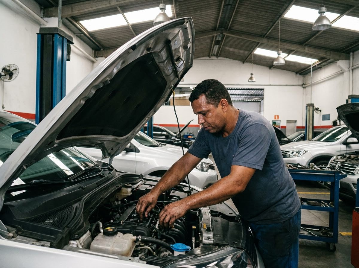 Mecânico de macacão inspecionando o motor de um carro com o capô aberto, dentro da pequena oficina anexa à revenda.