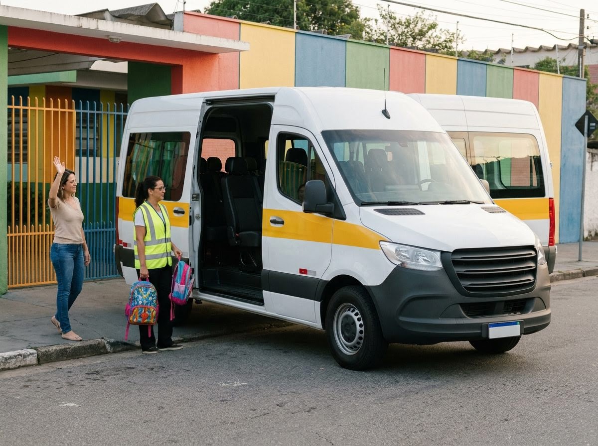 Van escolar branca com faixa amarela parada no portão de uma escola; a monitora, de colete, segura duas mochilas ao lado da porta aberta.